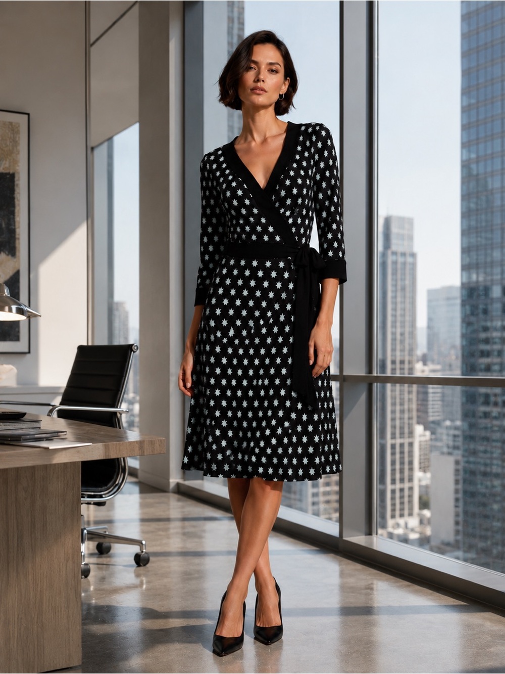 Diane von Furstenberg DVF Rare Taurus Silk Wrap Dress Star Print Black Blue
Sz 6